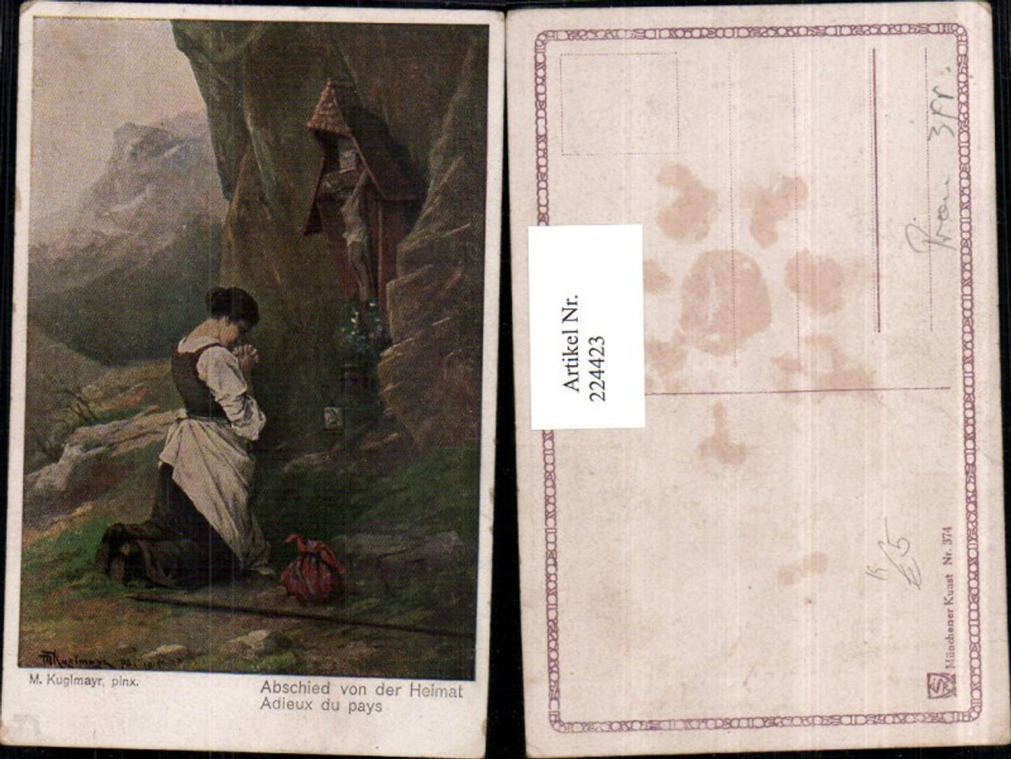 224423,Künstler AK M. Kuglmayr Abschied v. d. Heimat Frau b. Beten Wegkreuz