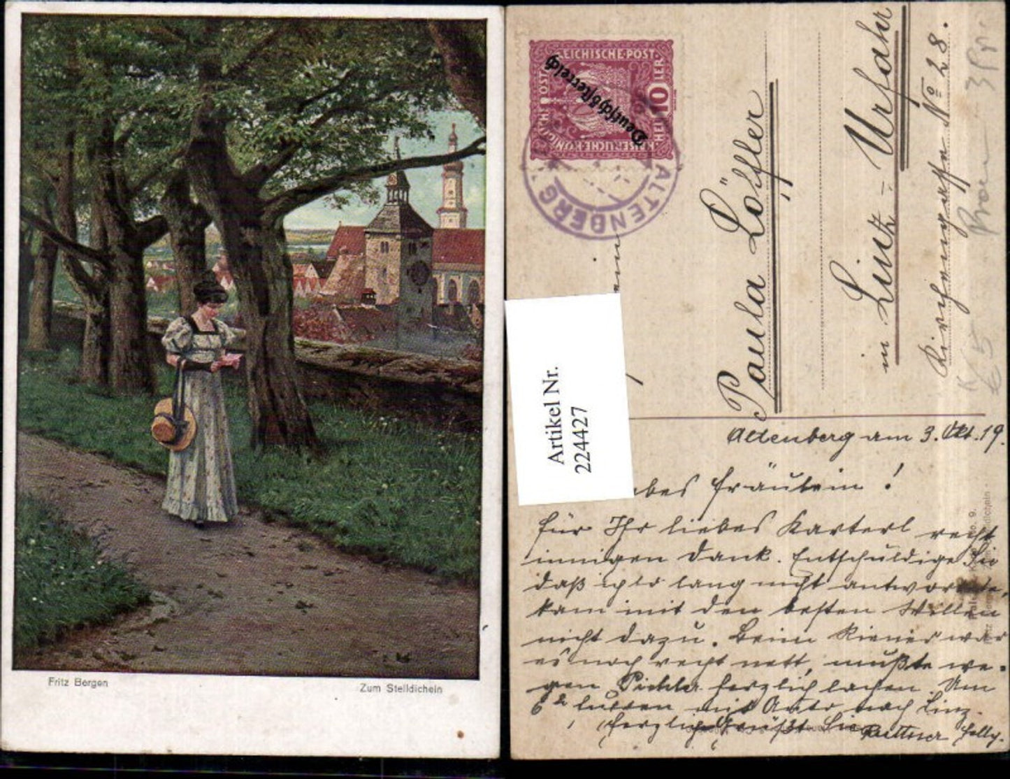 224427,Künstler AK Fritz Bergen Zum Stelldichein Frau m. Kleid Hut Zettel i. d. Hand Kirchenturm