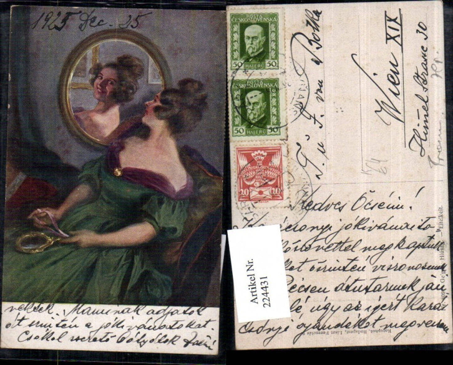 224431,Künstler AK Geiger Hiusag Eitelkeit Frau m. Kleid v. d. Spiegel