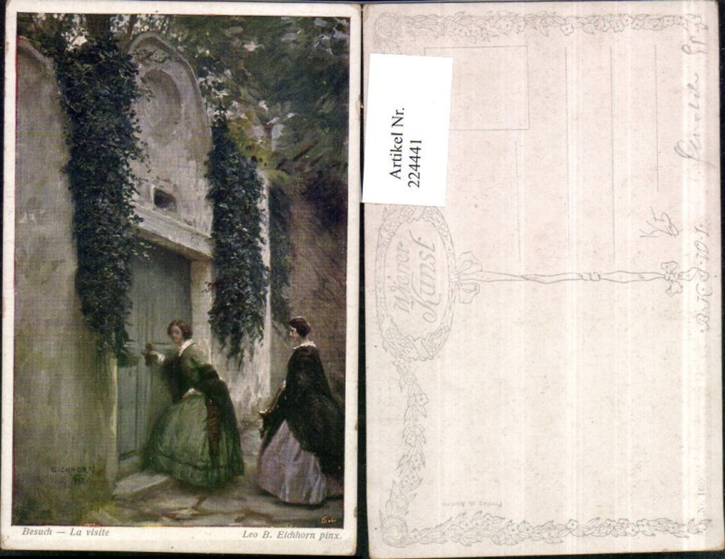 224441,Künstler AK Leo B. Eichhorn Besuch Frauen m. Kleider Tür