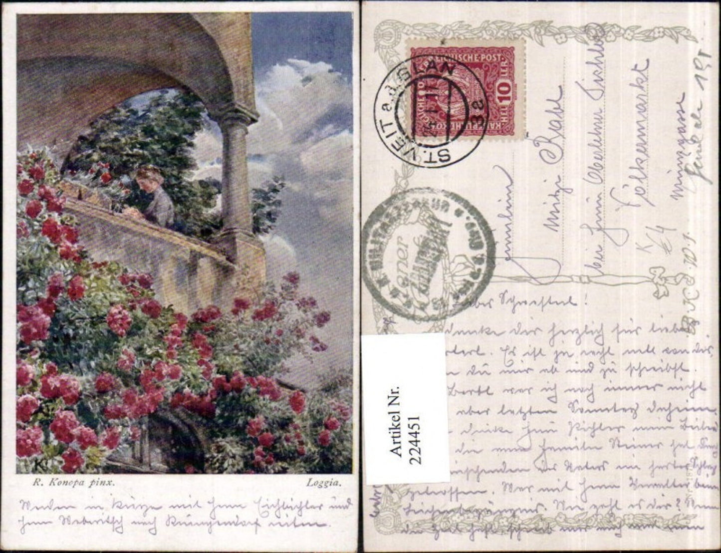224451,Künstler AK R. Konopa Loggia Balkon Blumen