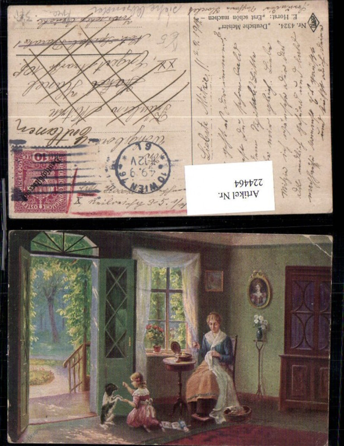 224464,Künstler AK E. Horst Erst schön machen Frau b. Sticken Kind spielt m. Hund