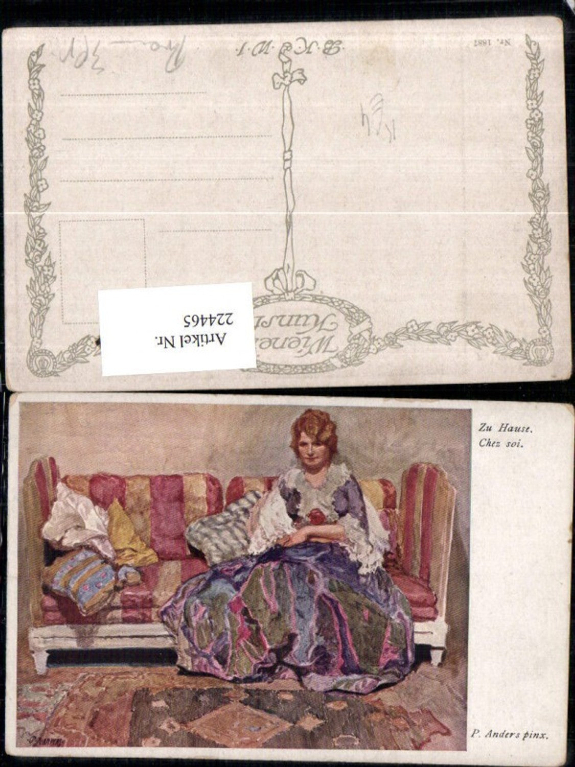 224465,Künstler AK P. Aners Zu hause Frau m. Kleid Bank Teppich