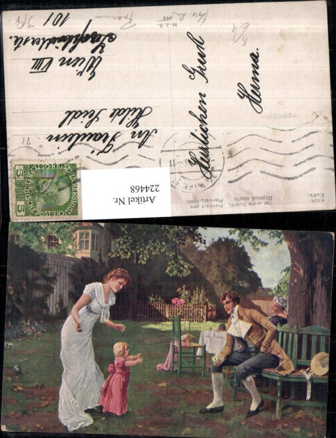 224468,Künstler AK Koch Der erste Schritt Frau u. Mann m. Kind Bank Stuhl Garten