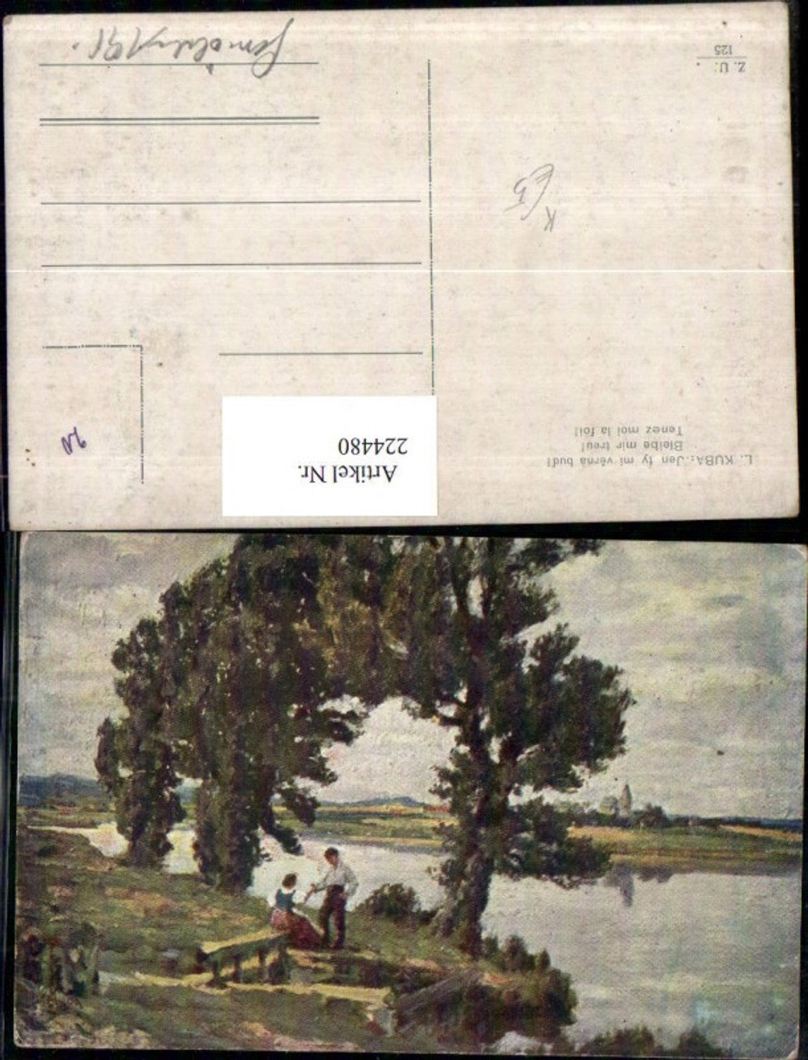 224480,Künstler AK L. Kuba Bleibe mir treu Landschaft Mann u. Frau
