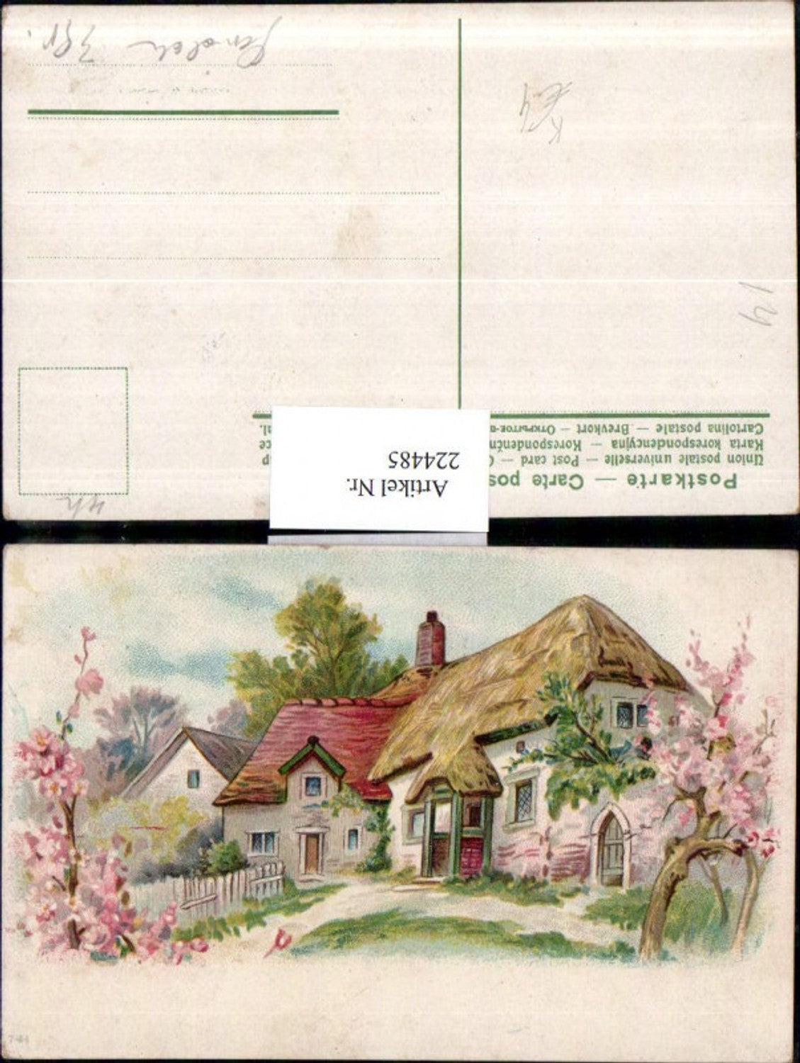 224485,Künstler AK Hausansicht Blütenzweige Blumen