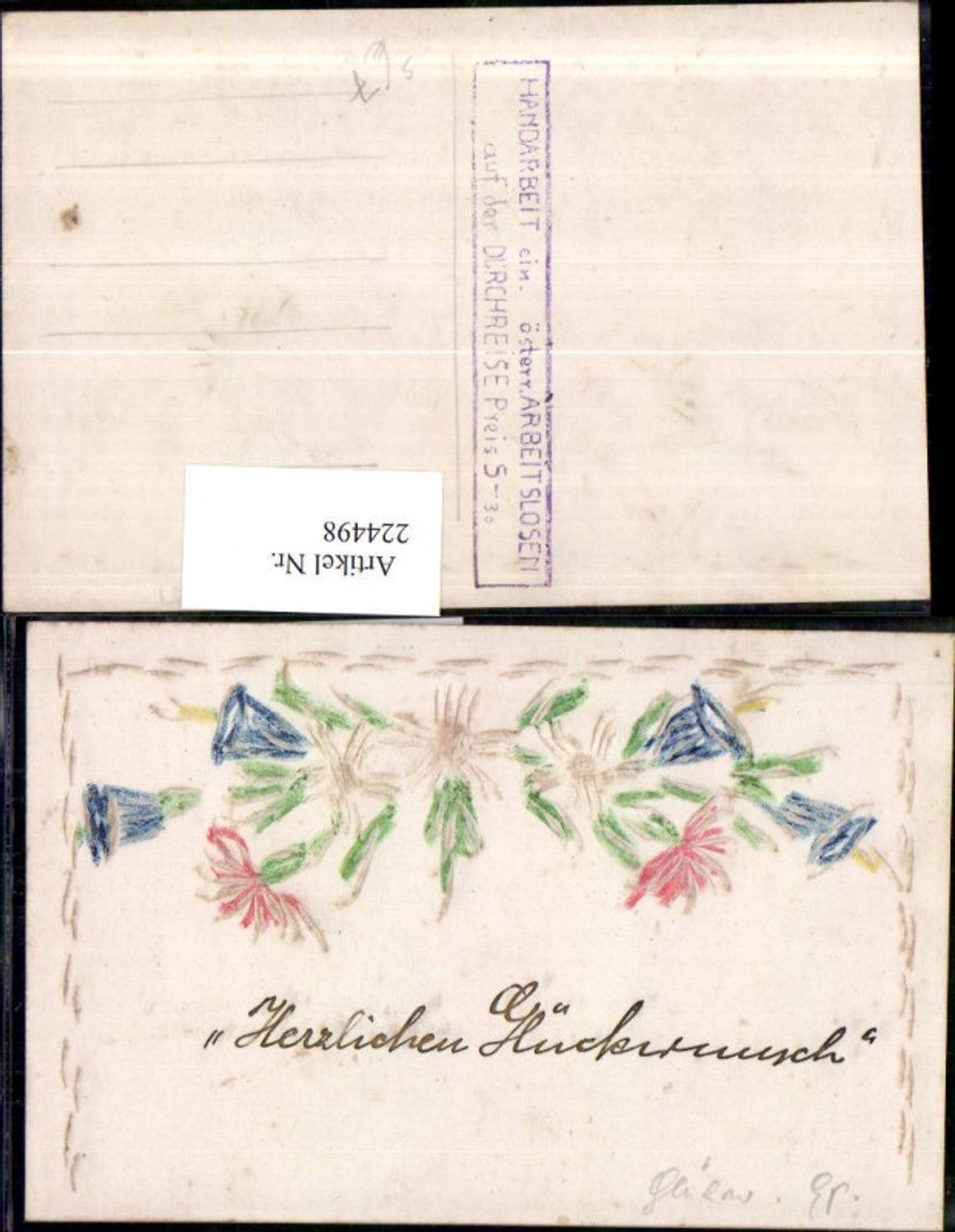 224498,Präge Künstler AK Blumen Handarbeit ein. Österr. Arbeitslosen auf d. Durchreise Stempel