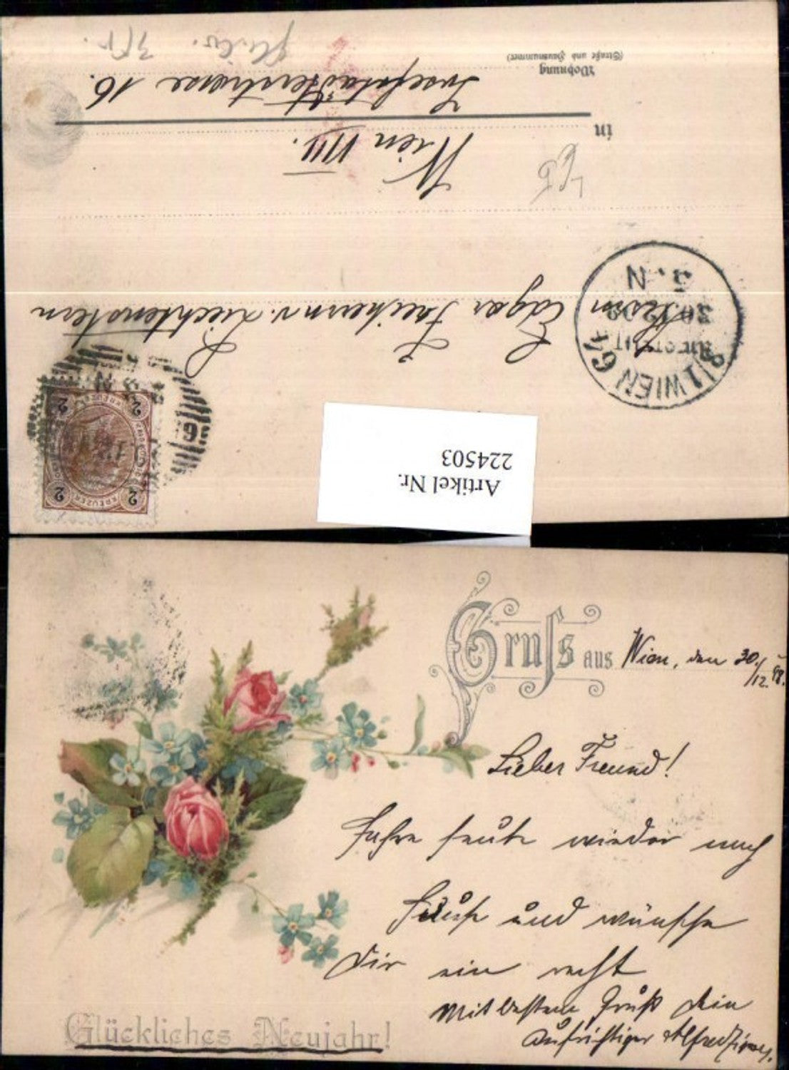 224503,Künstler Litho AK Neujahr Blumenstrauß Rosen Vergissmeinnicht
