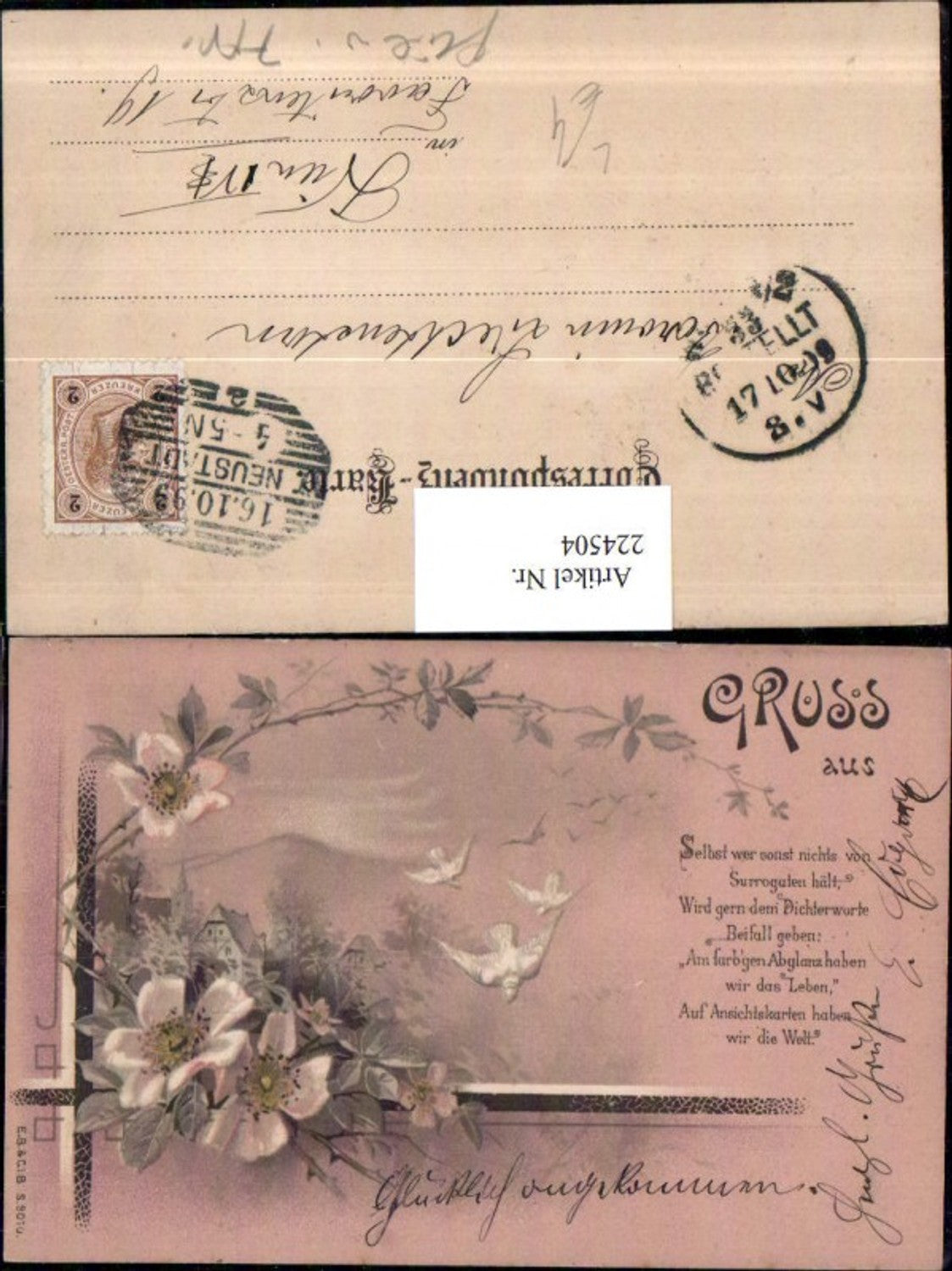 224504,Künstler Litho AK Rosenzweige Rosen Vögel Text Gedicht