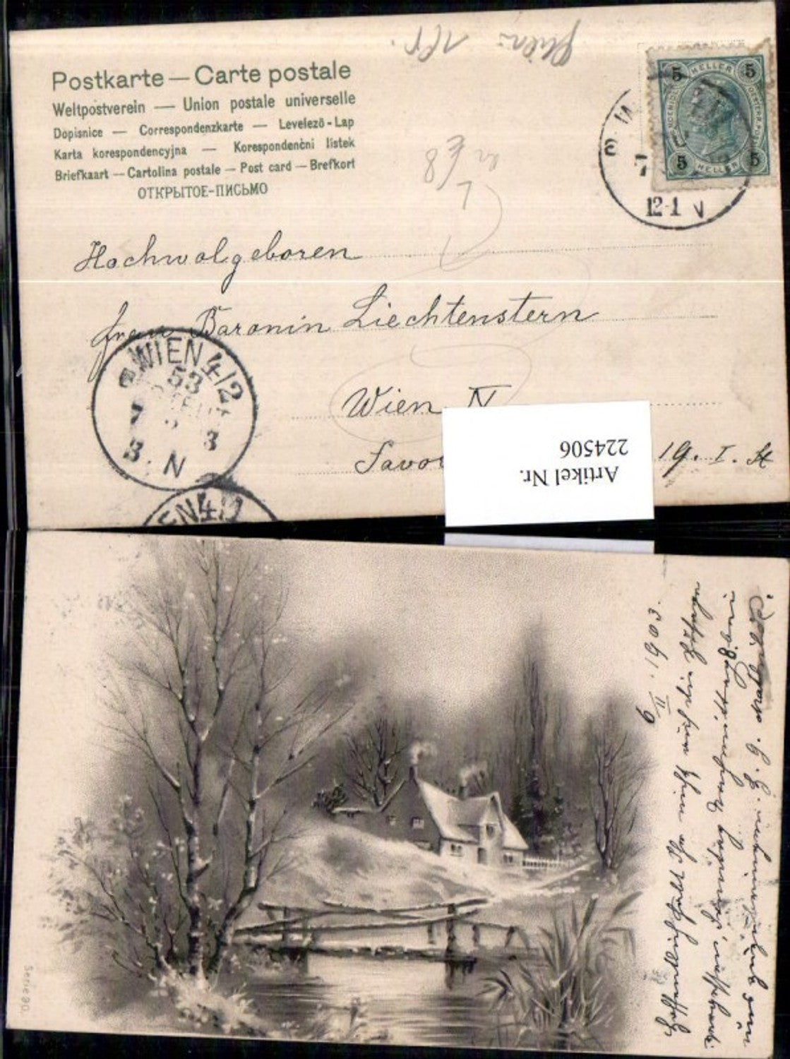 224506,Künstler Litho AK Landschaft An Baronin Liechtenstern Wien 4