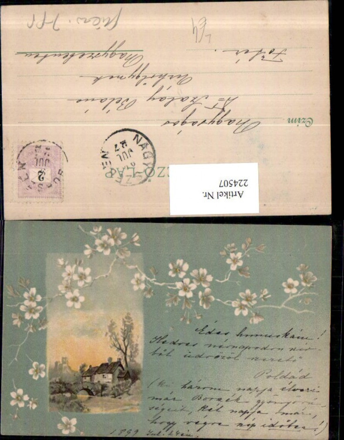 224507,Künstler Litho AK Landschaft Brücke Blumenzweige