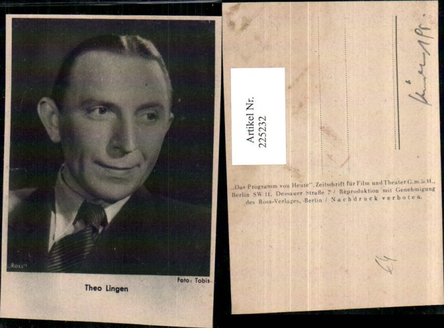 225232,Schauspieler Theo Lingen Portrait pub Ross Berlin