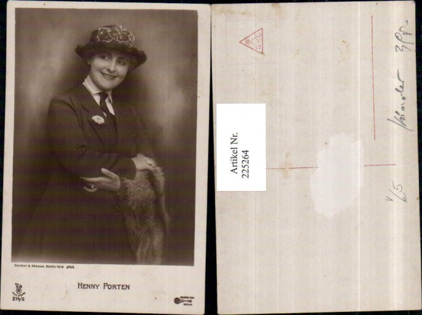 225264,Schauspielerin Henny Porten Portrait m. Hut pub RPH 214/2