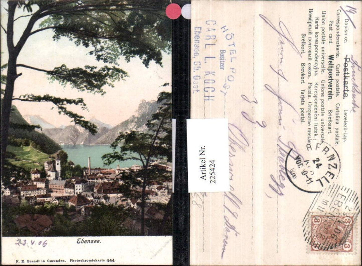 225424,Ebensee Teilansicht pub F. E. Brandt 444 Hotel Post Stempel Carl Koch