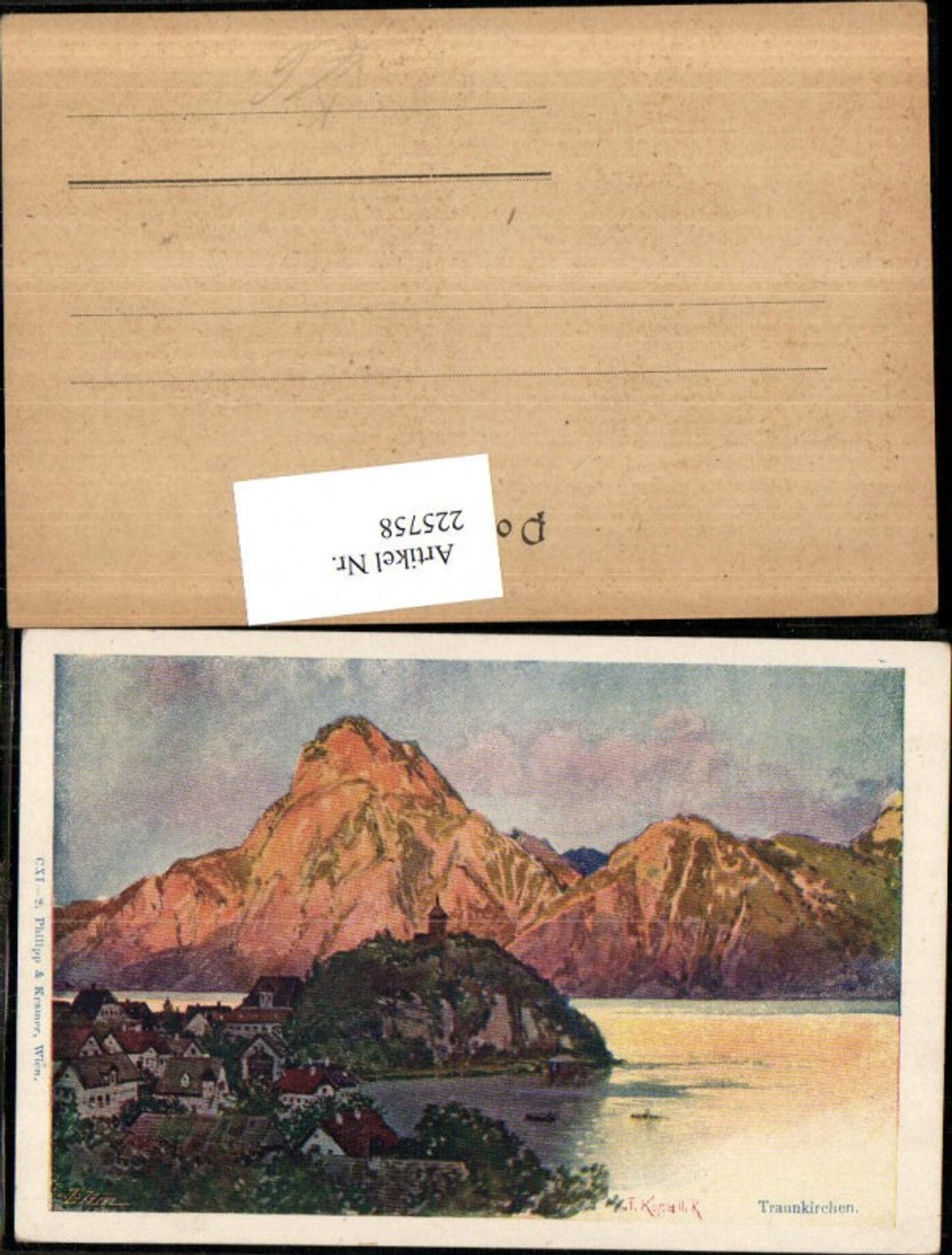 225758,Künstler AK F. Konallik Traunkirchen Teilansicht m. Traunstein pub Philipp & Kramer