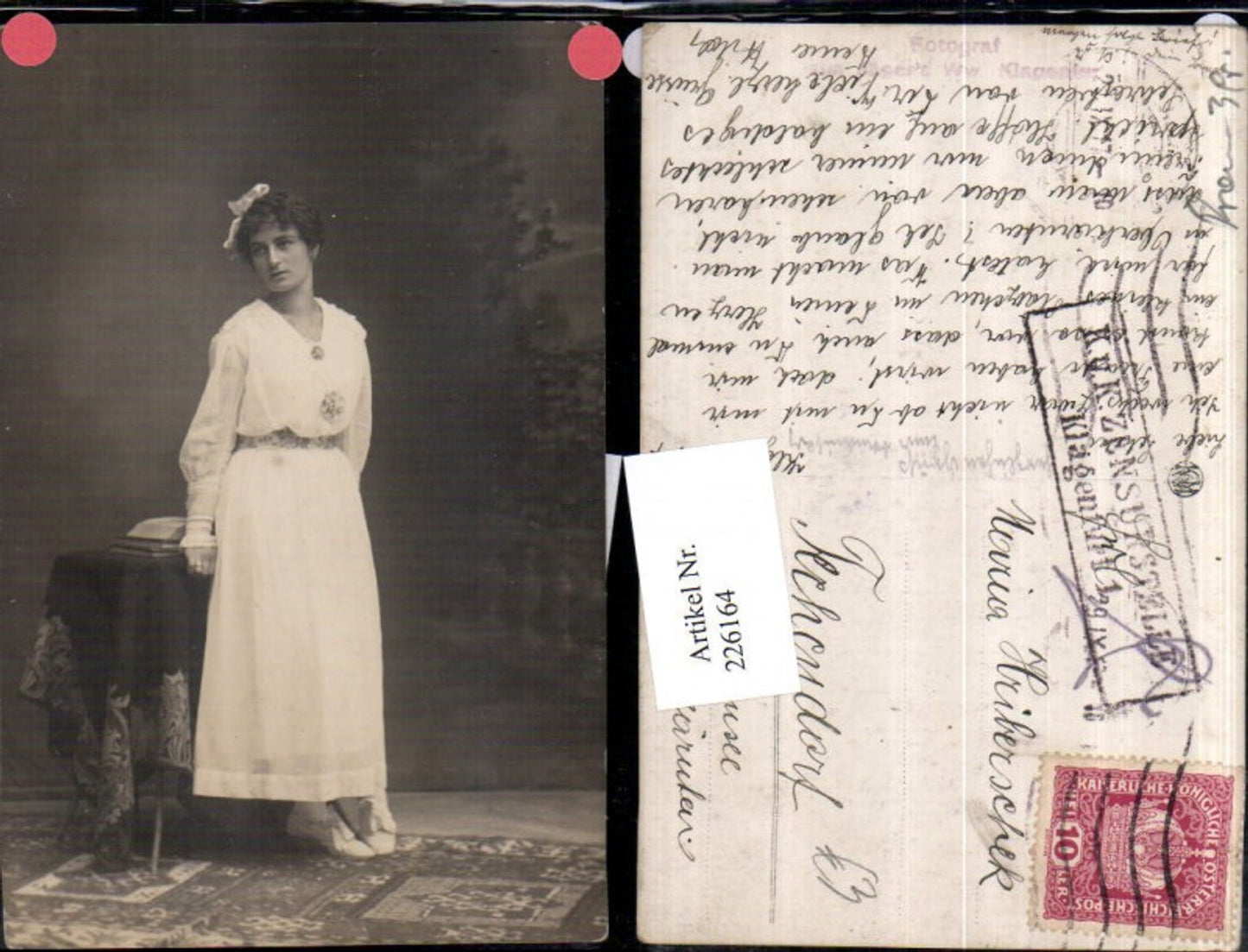 226164, Woman in dress, bow, table, portrait, pub, photo, Hans Jäger, Klagenfurt, K. u. K. Censorship Office Klagenfurt
