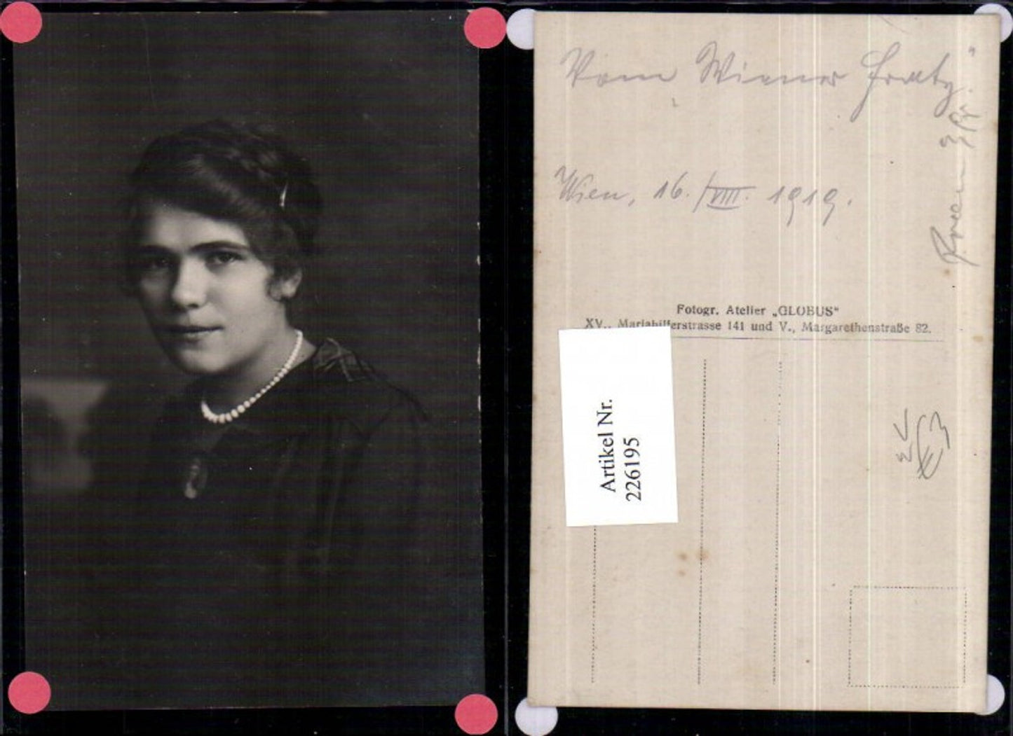 226195,Wien Frau Mädchen m. Kette Portrait pub Atelier Globus Wien 1919
