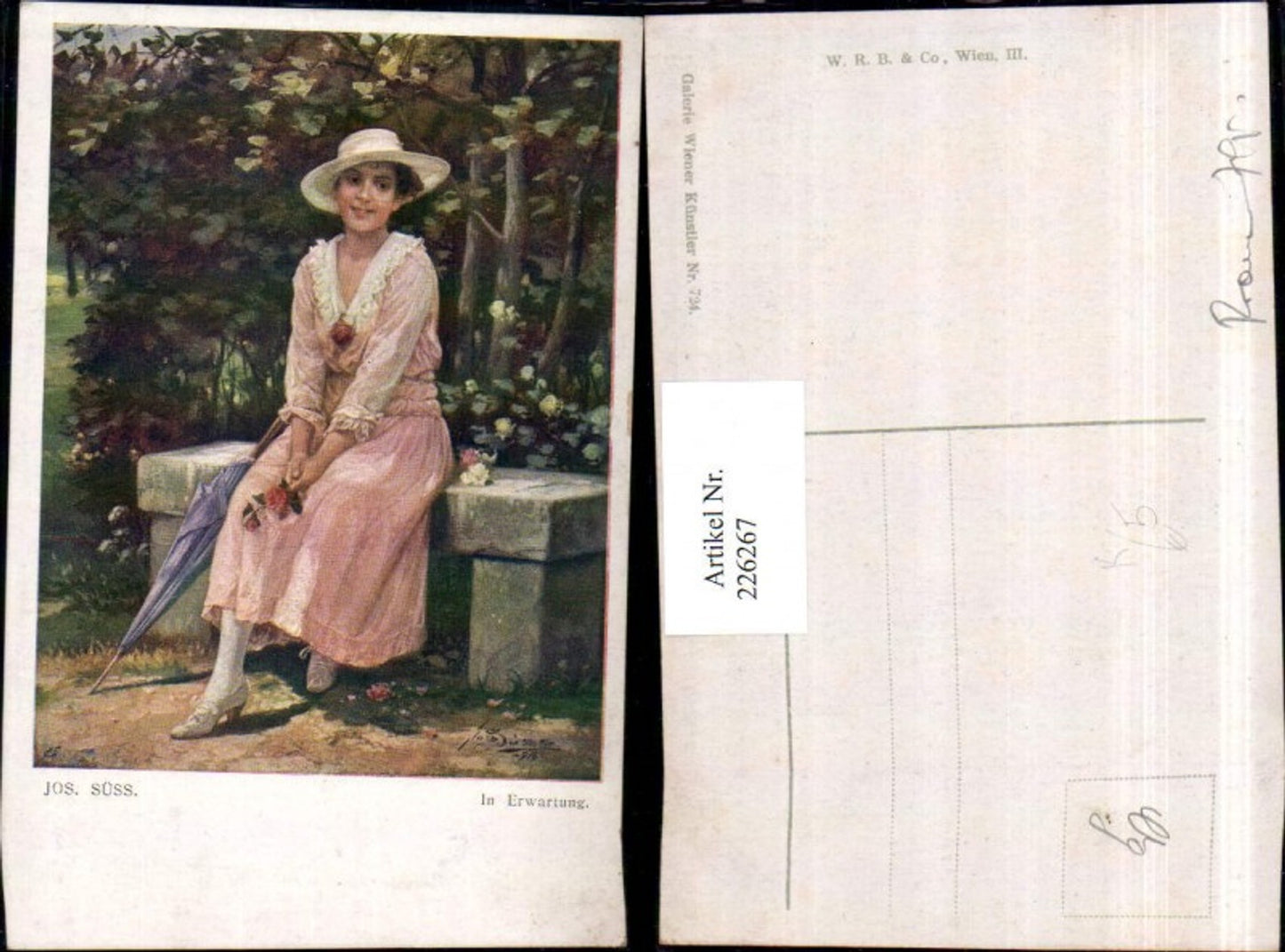 226267,Küntler AK Josef Süss In Erwartung Frau m. Hut Kleid Schirm Blumen