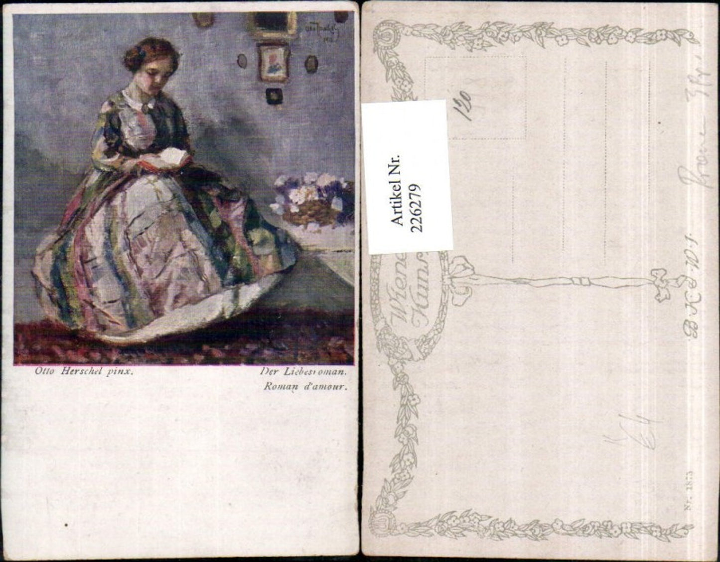226279,Künstler AK Otto Herschel Der Liebesroman Mädchen m. Kleid Buch