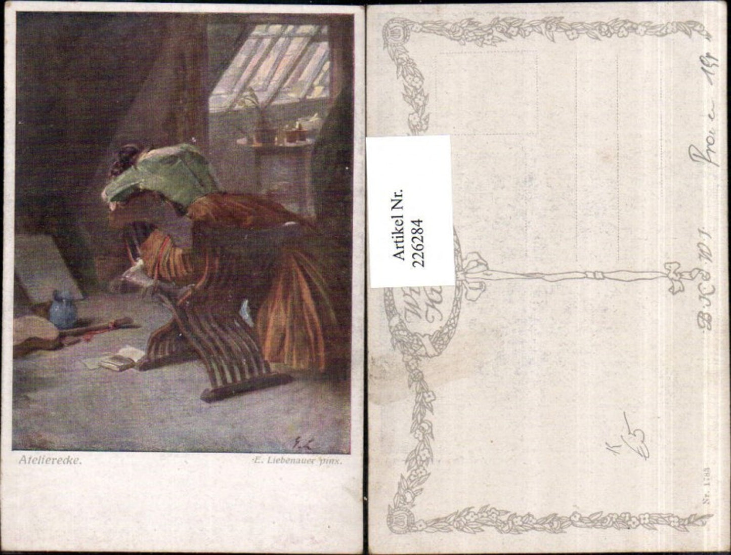 226284,Künstler AK E. Liebenauer Atelierecke Frau i. Stuhl Sessel