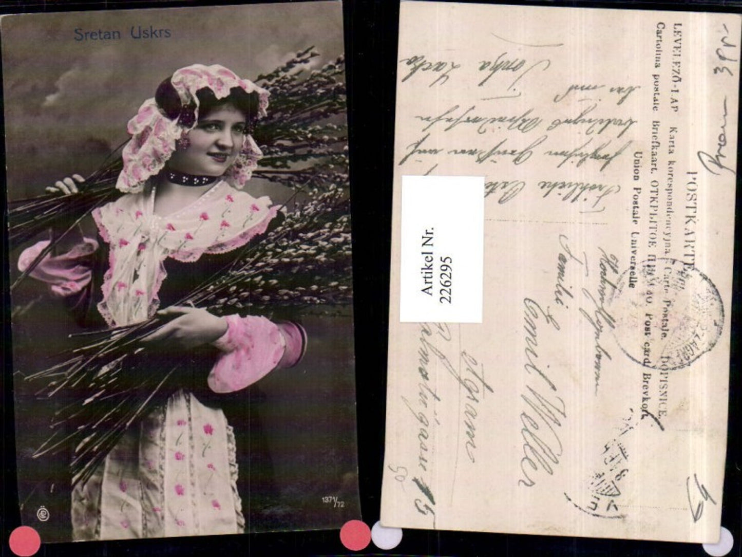 226295,Ostern Sretan Uskrs Frau m. Haube Kleid Palmzweige Palmkätzchen
