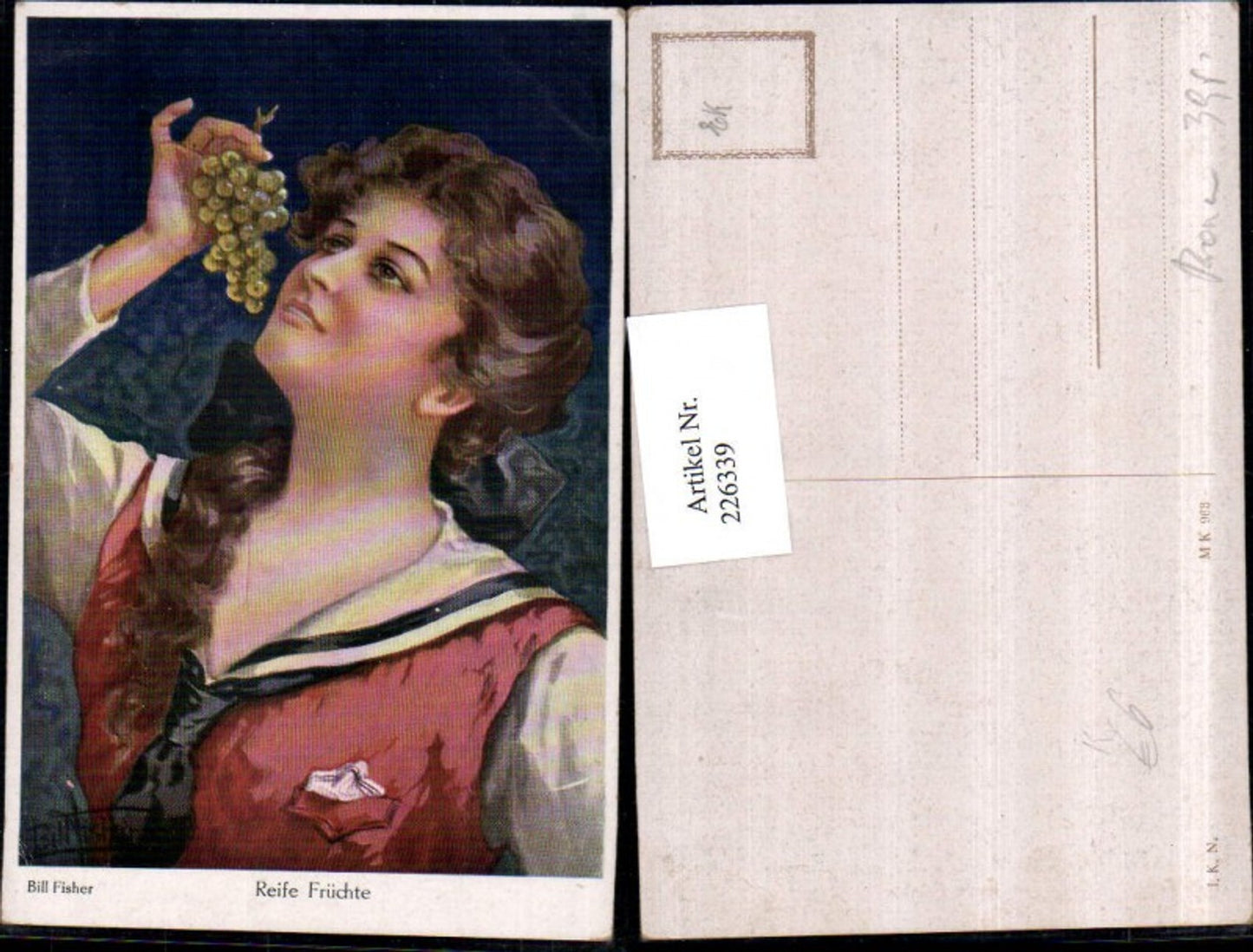 226339,Künstler AK Bill Fisher Reife Früchte Mädchen m. Weintrauben Trauben Portrait