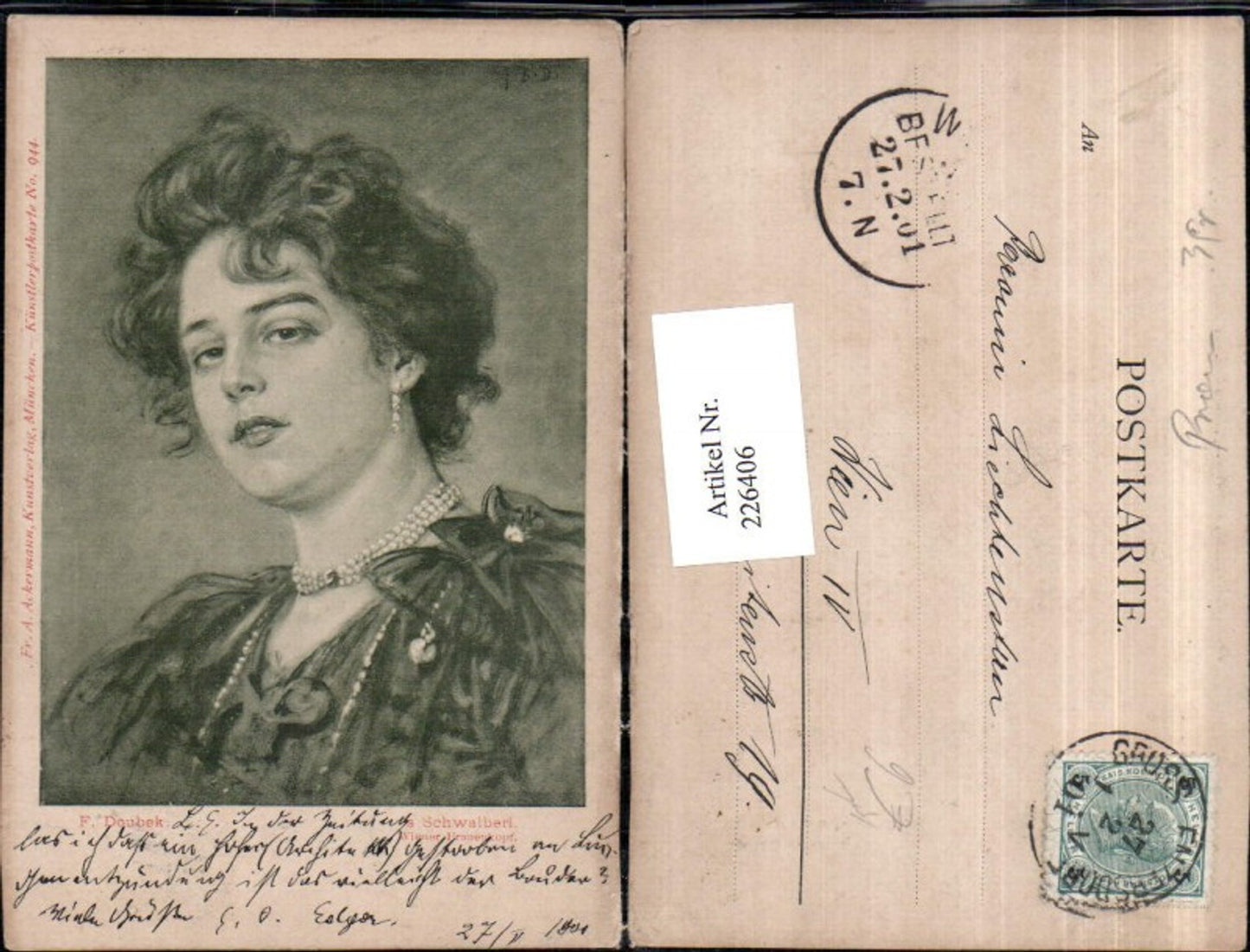 226406,Künstler AK F. Doubek Schwalberl Wiener Frauenkopf Frau Ohrringe Perlenkette Portrait pup A. Ackermann 944