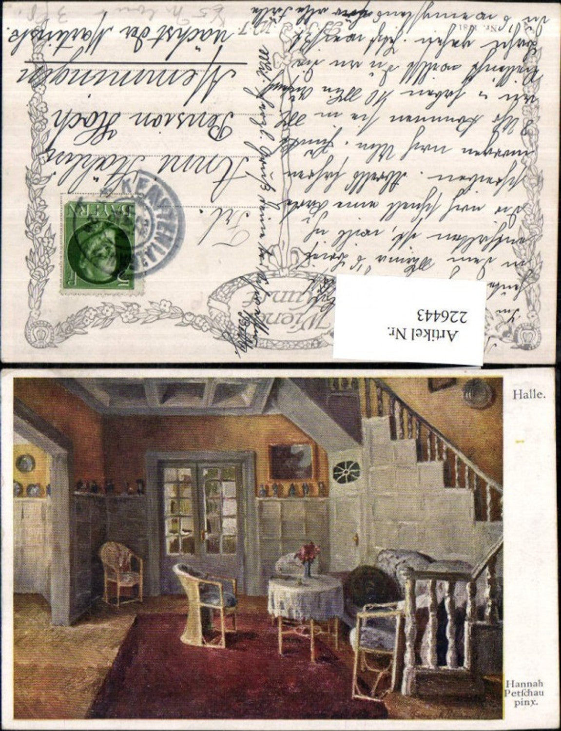 226443,Künstler AK Hannah Petschau Halle Interieur Sessel Tisch Tür Stiege
