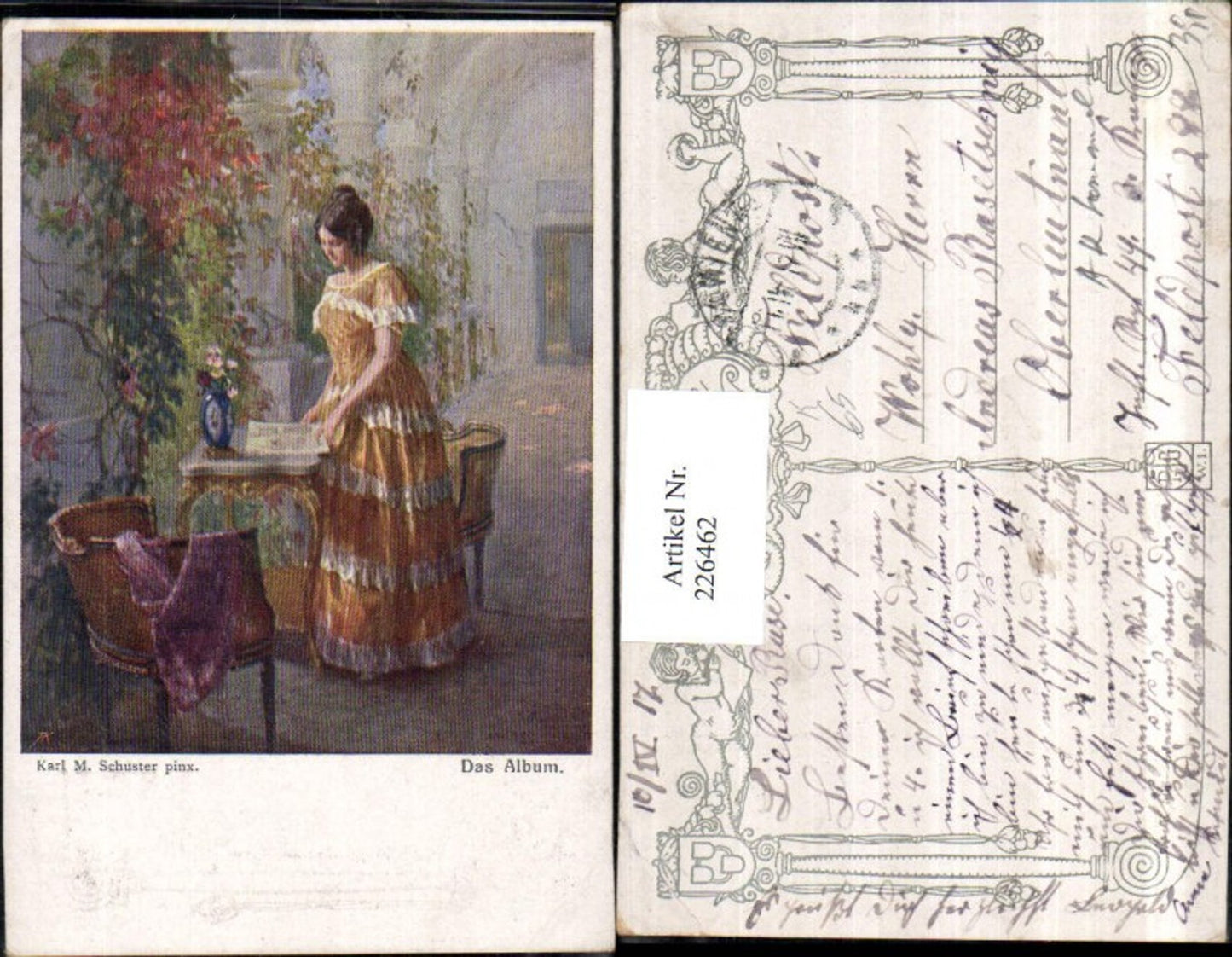 226462,Künstler AK Karl M. Schuster Das Album Frau m. Kleid Sessel Tisch