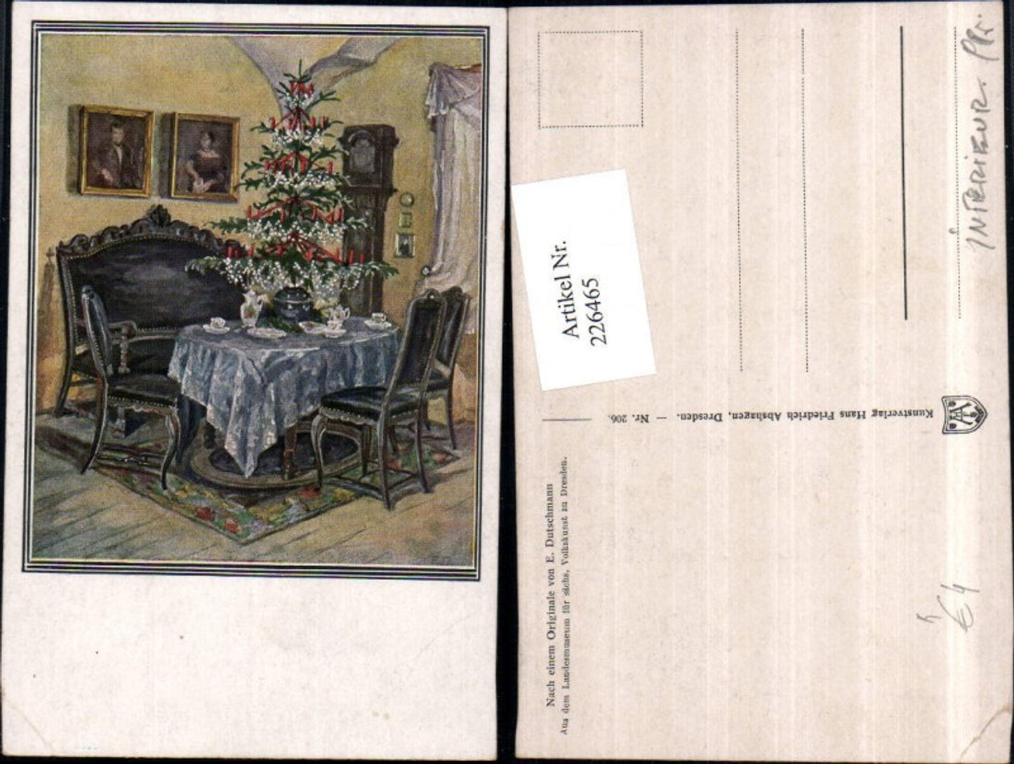 226465,Künstler AK E. Dutschmann Weihnachtsbaum Tisch Sessel Bilder Pendeluhr