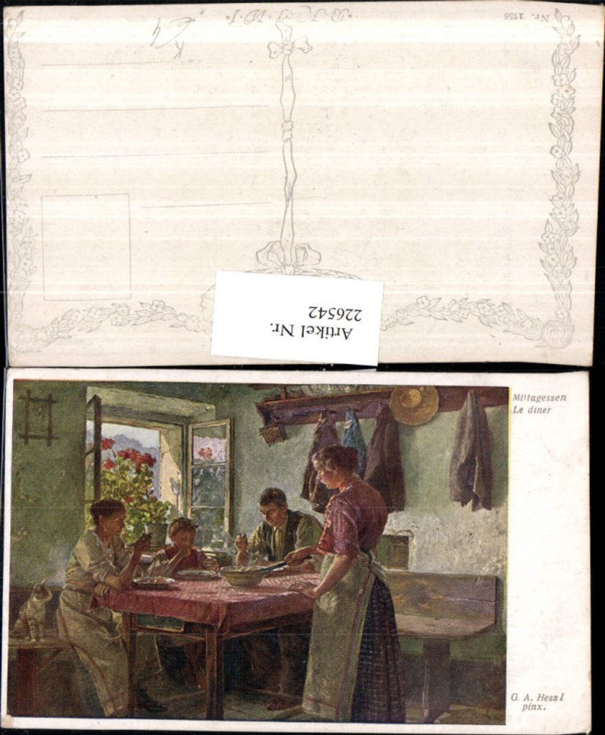 226542,Künstler AK G. A. Hessl Mittagessen Familie b. Essen Tisch Katze