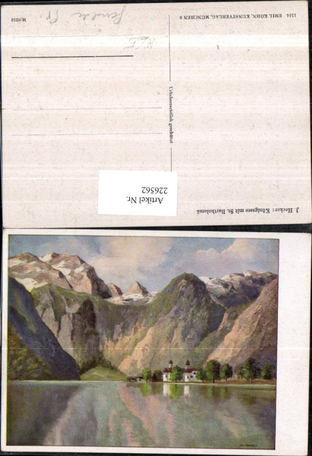 226562,Künstler AK J. Hecker Königssee m. St. Bartholomä Bergkulisse