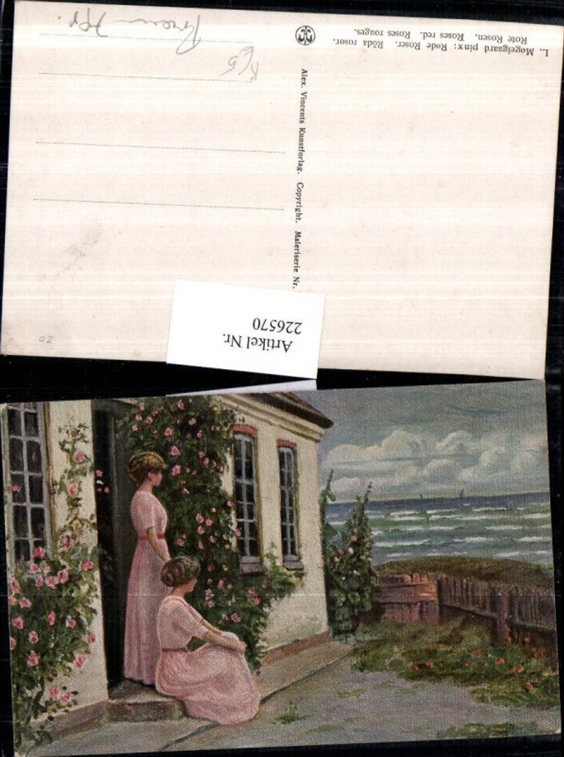 226570,Künstler AK L. Mogelgaard Rote Rosen Frauen m. Kleid Rosen