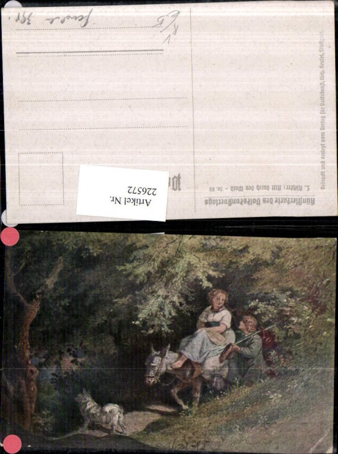 226572,Künstler AK L. Richter Ritt durch d. Wald Frau m. Man Esel Hund pub Verlag f. Volkskunst Rich. Keutel Stuttgart