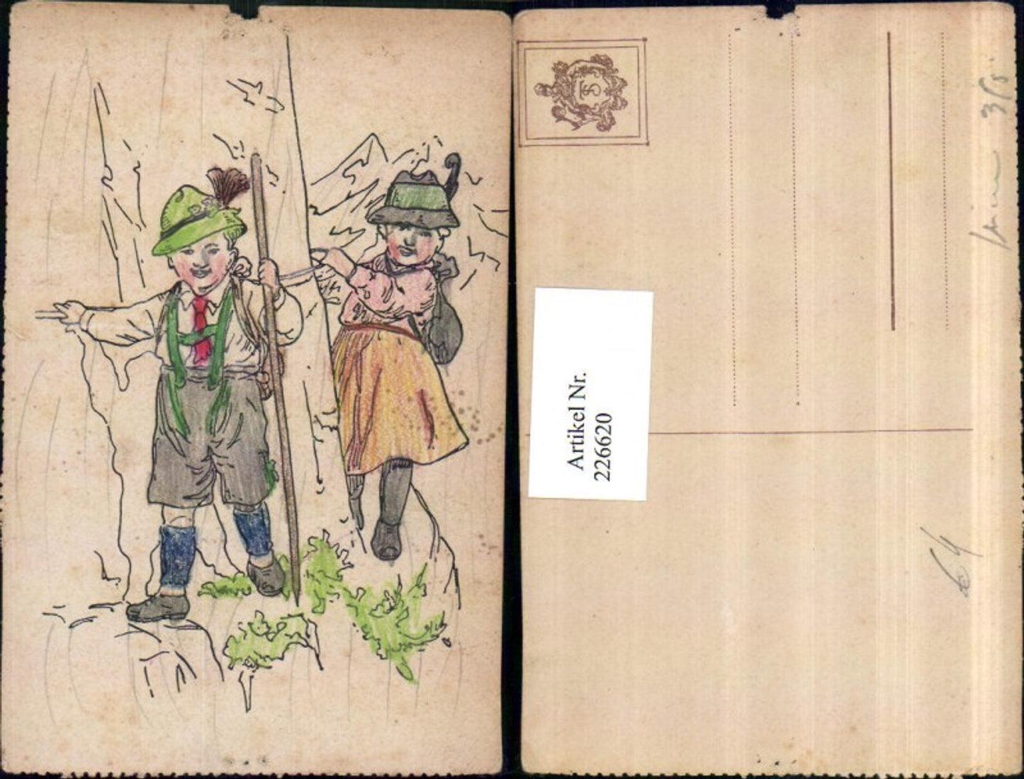 226620,Künstler AK Zeichnung Kinder i. Tracht Bergsteigen Hut