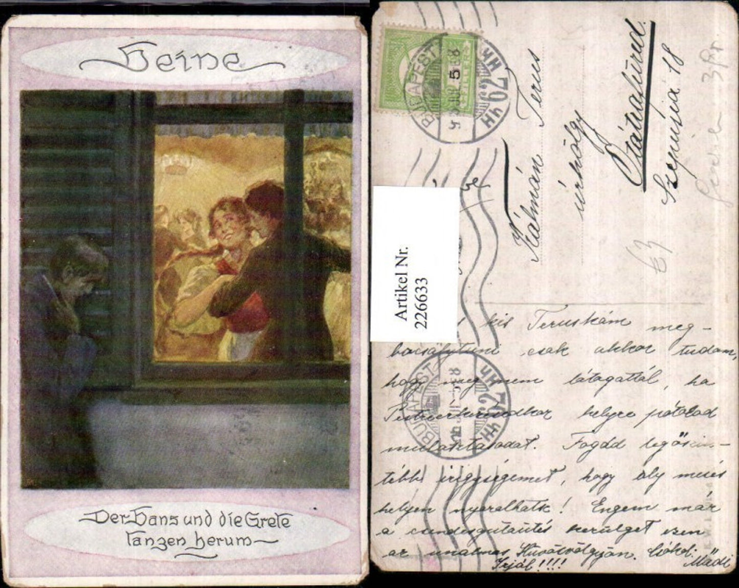 226633,Künstler AK Der Hans u. d. Grete tanzen herum Fenster Mann