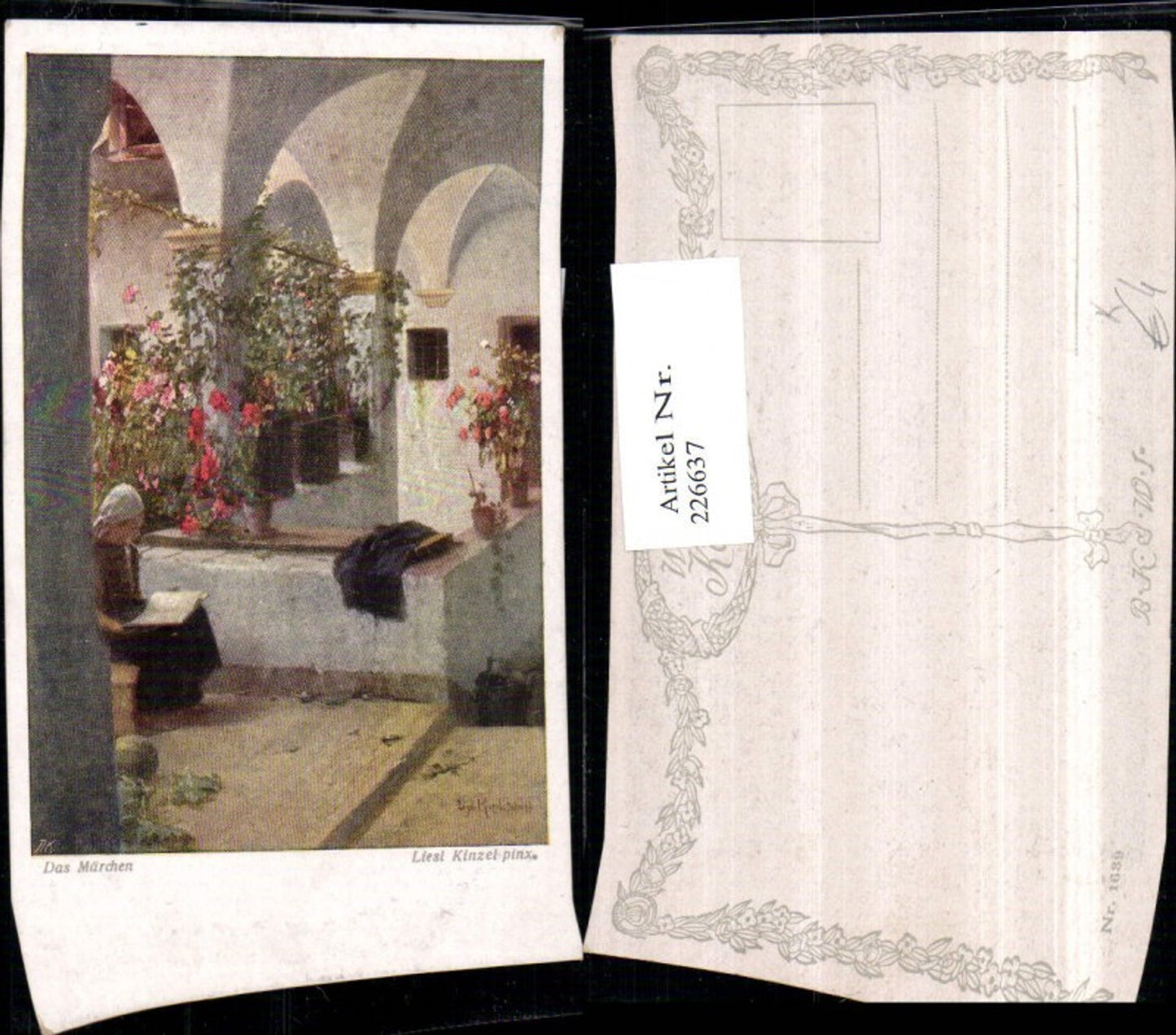 226637,Künstler AK Liesl Kinzel Das Märchen Frau liest Buch Blumen Hof Arkaden