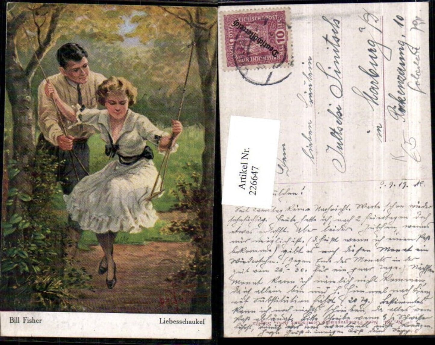 226647,Künstler AK Bill Fisher Liebesschaukel Mann u. Frau m. Kleid Schaukel