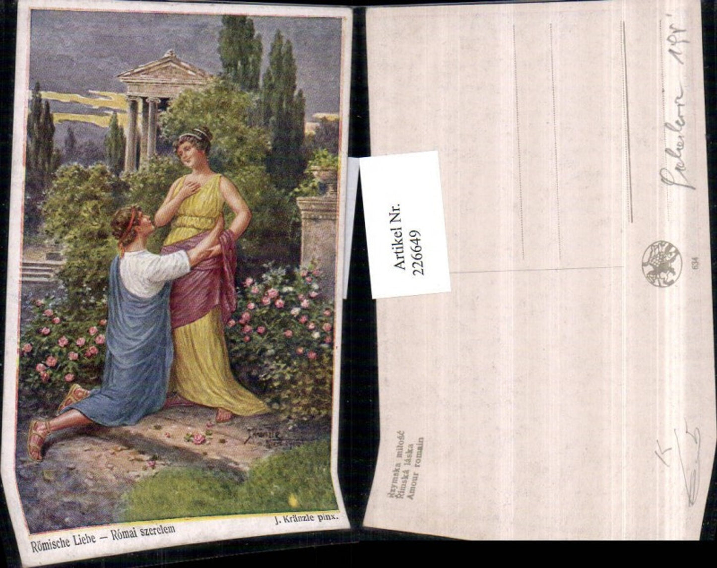226649, Artist AK J. Kränzle Roman Love Lovers Woman Roses