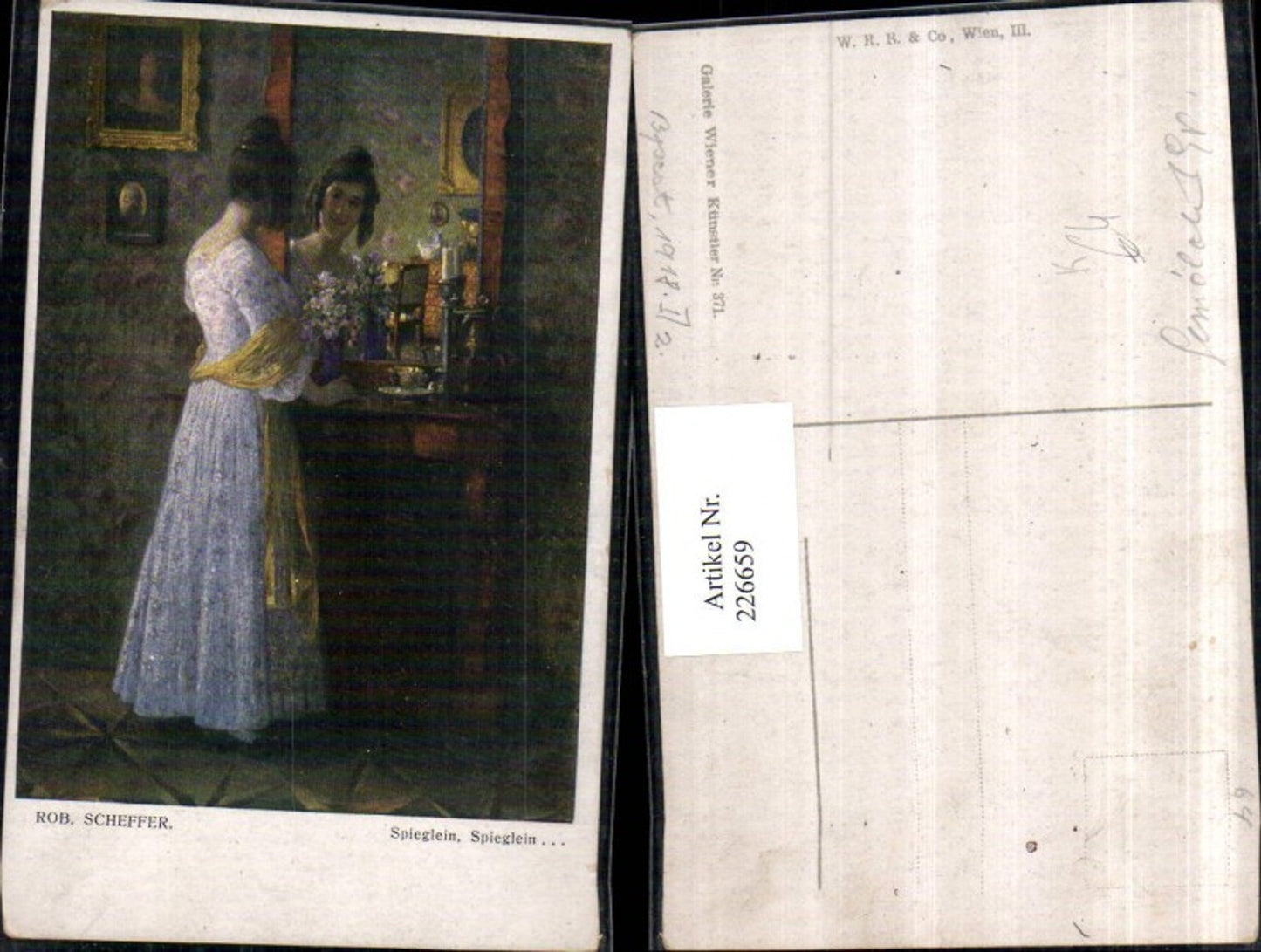 226659,Künstler AK Rob. Scheffer Spieglein Spieglein Frau m. Kleid v. d. Spiegel