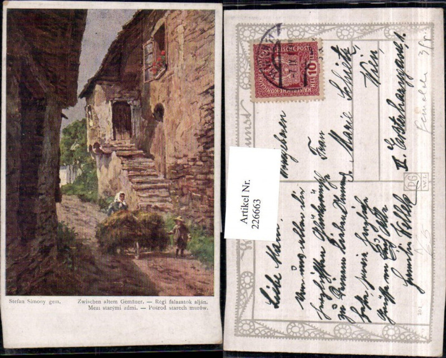 226663,Künstler AK Stefan Simony Zwischen altem Gemäuer Ansicht Heuwagen