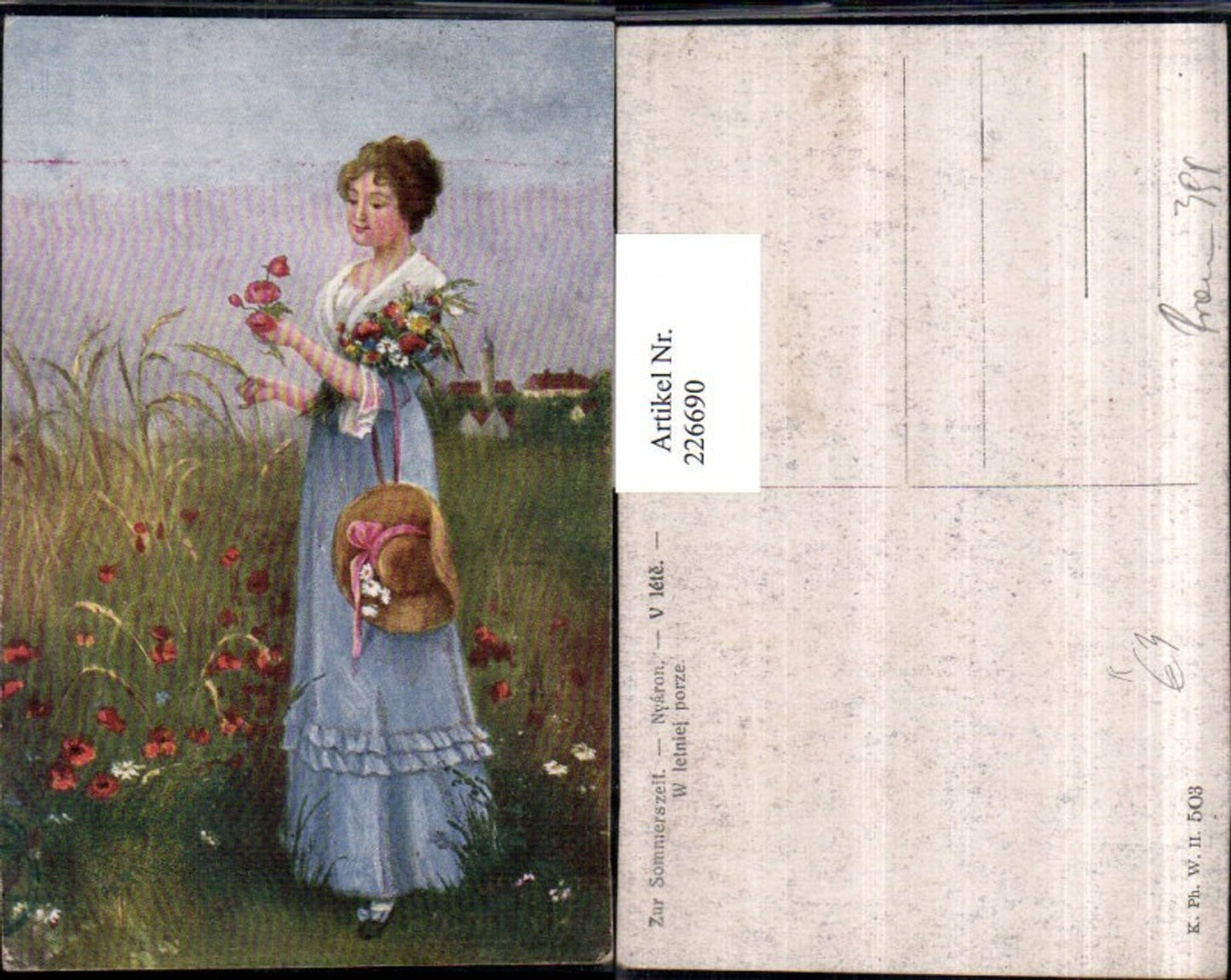 226690,Künstler AK Zur Sommerszeit Frau m. Kleid Hut Blumenstrauß Blumen Mohnblumen