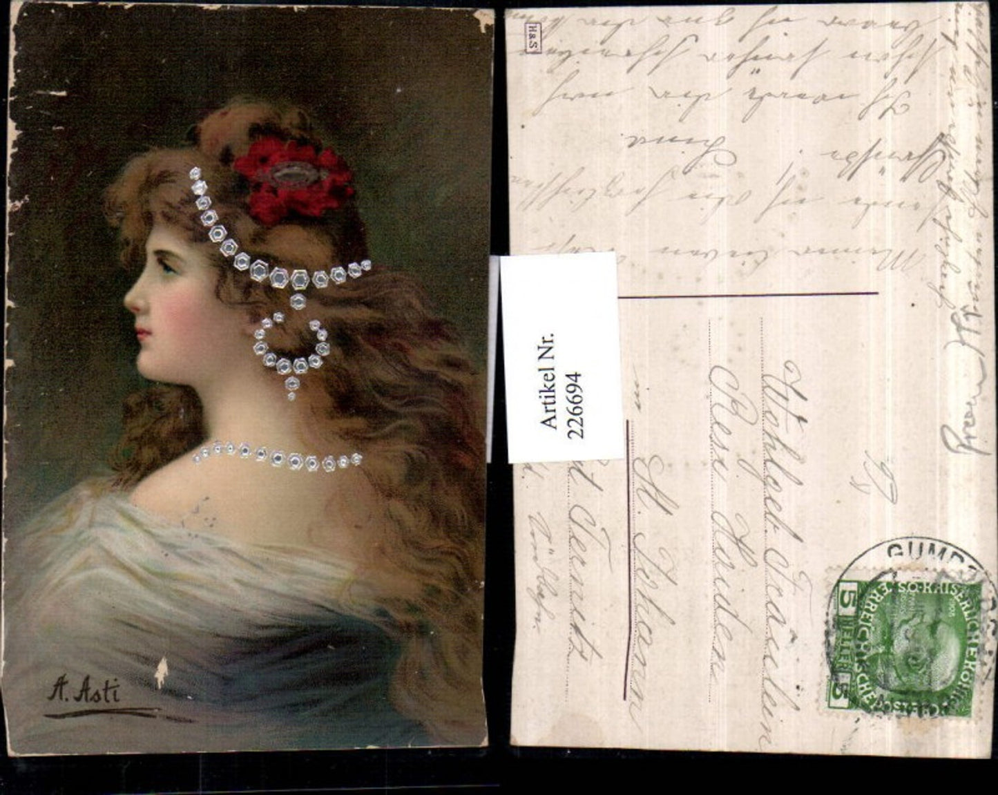 226694,Künstler AK A. Asti Frau m. Schmuck Haarspange Portrait
