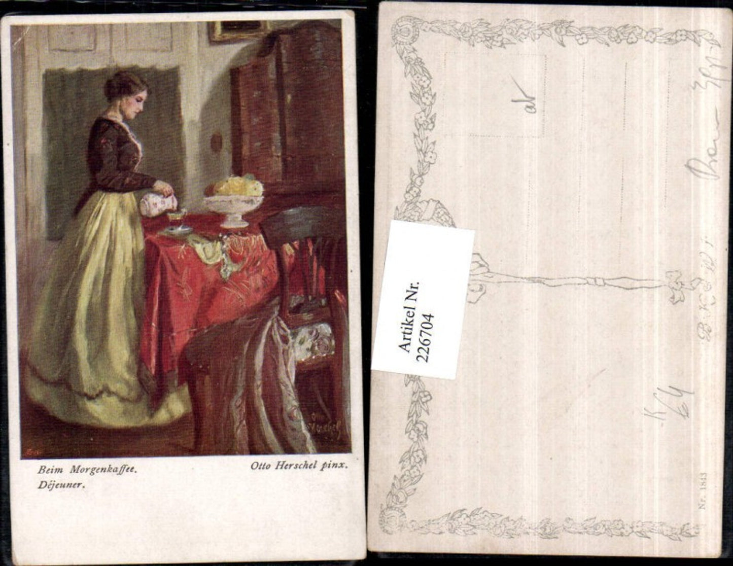 226704, Artist AK Otto Herschel Woman with dress, table, jug, armchair at morning coffee