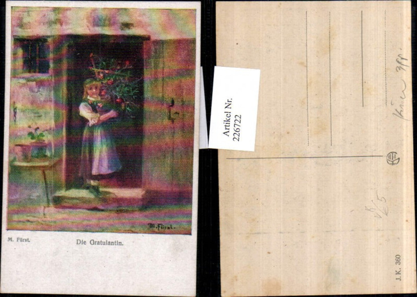 226722, Artist AK M. Fürst The Well-Wishing Girl with Dress Flower Pot Roses Door pub Kilophoto