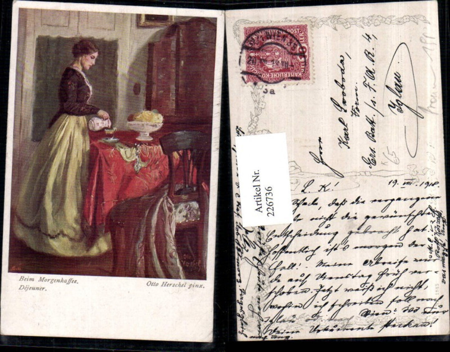 226736,Künstler AK Otto Herschel Beim Morgenkaffee Frau m. Kleid Sessel Krug Schüssel Obst