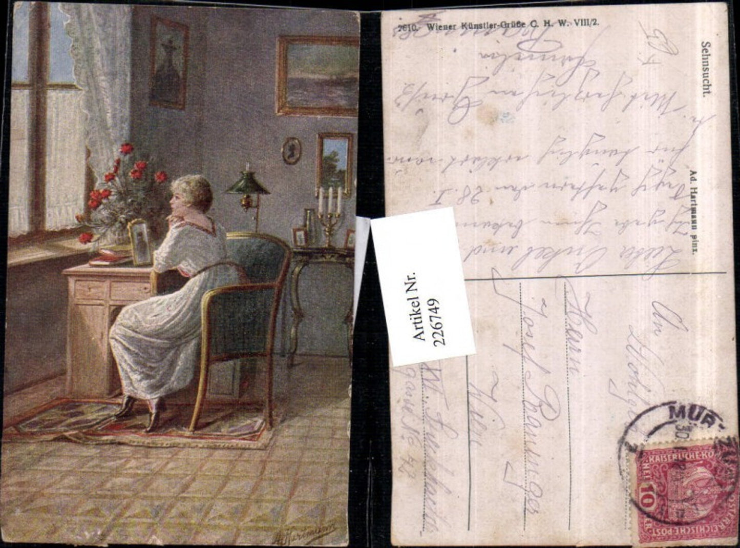 226749,Künstler AK Ad. Hartmann Sehnsucht Frau m. Kleid Sessel Bild Blumen Fenster