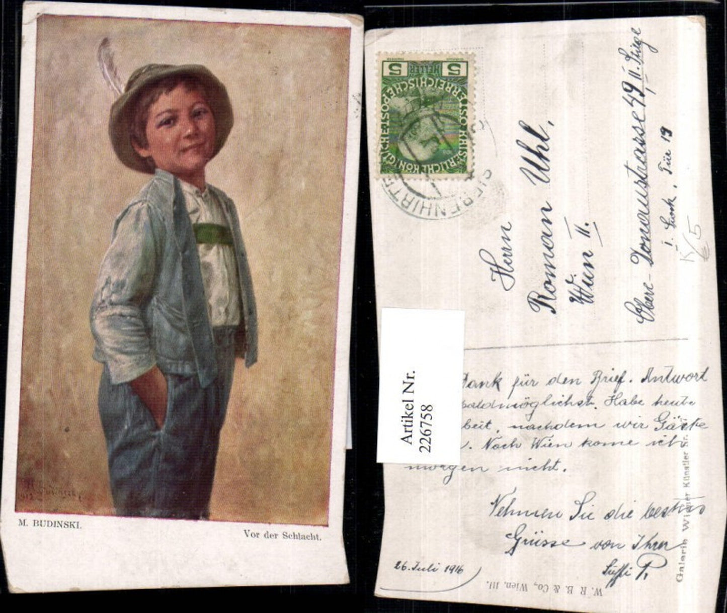 226758,Künstler AK M. Budinski vor d. Schlacht Junge m. Hut Feder Jacke