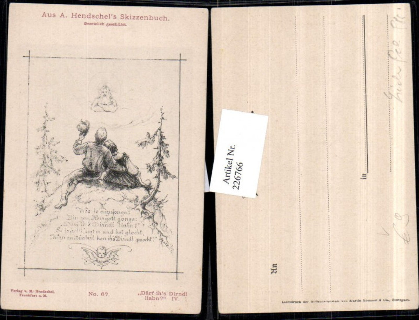 226766,Künstler AK A. Hendschel Skizze Därf ihs Dirndl haben Mann u. Frau Tracht Gott Wolken pub M. Hendschel 67
