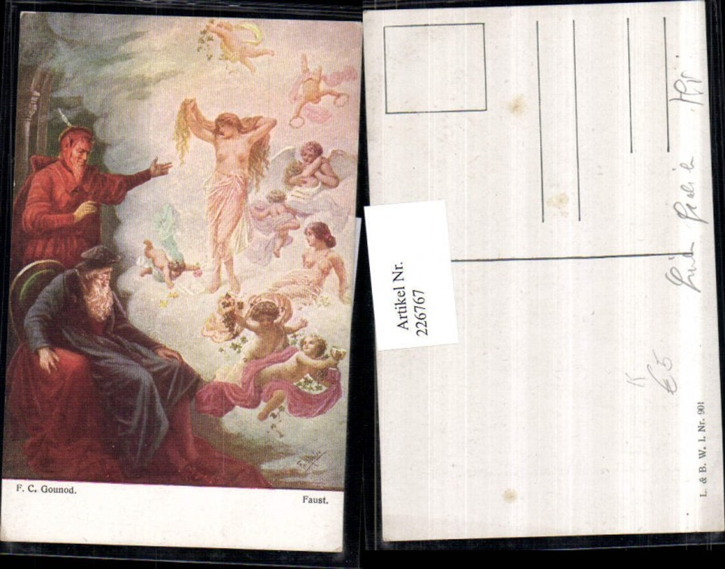 226767,Künstler AK F. C. Gounod Faust Mann m. Hut Sessel Engel Frau Akt